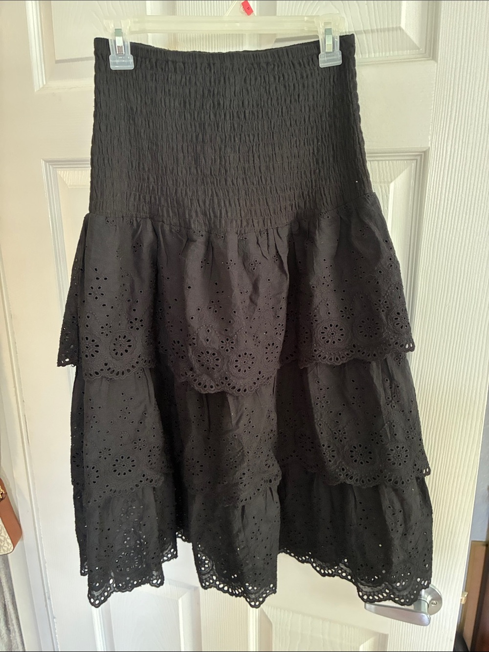 Smocked Waist Black Tiered Eyelet Midi Skirt